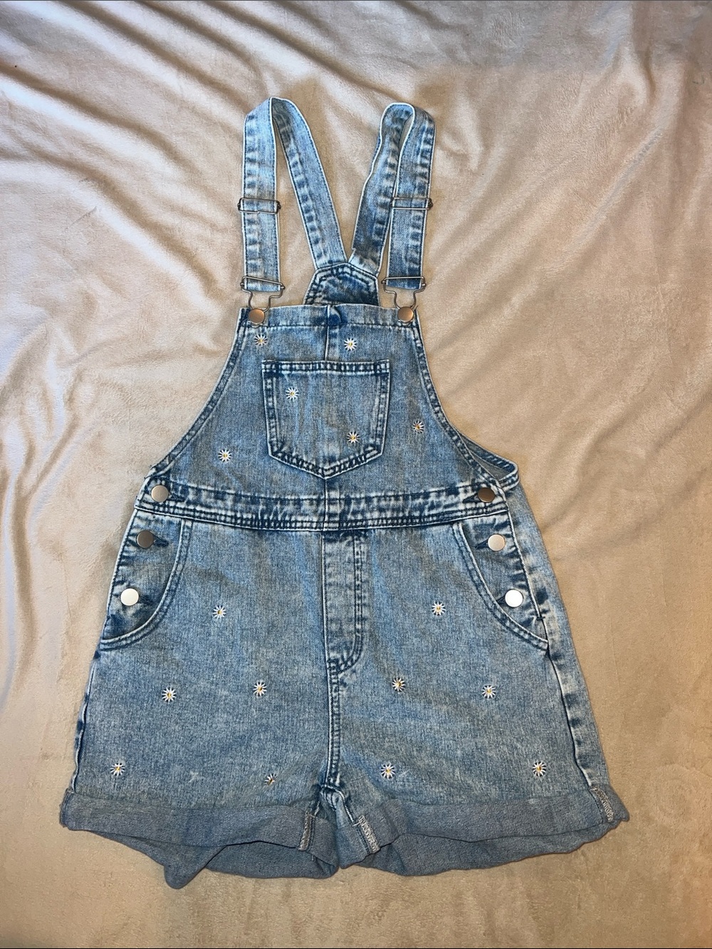 Blue Denim Short Overalls with Flower Embroidery